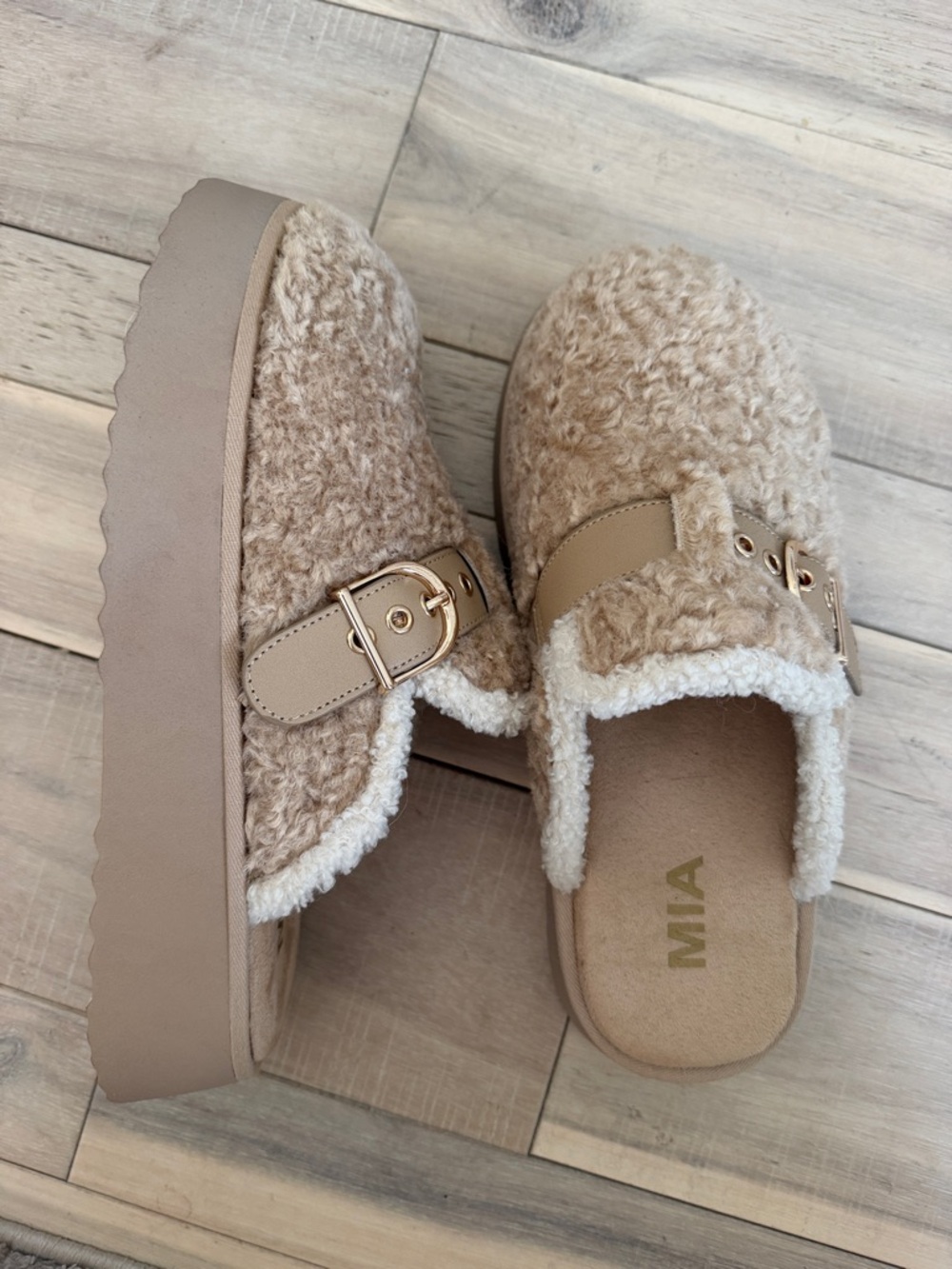 MIA Beige Sherpa Buckle Platform Clogs